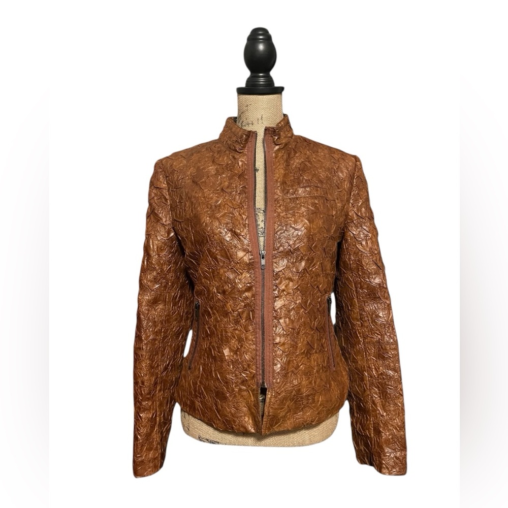 V Cristina Textured Faux Leather Jacket in Rich Brown